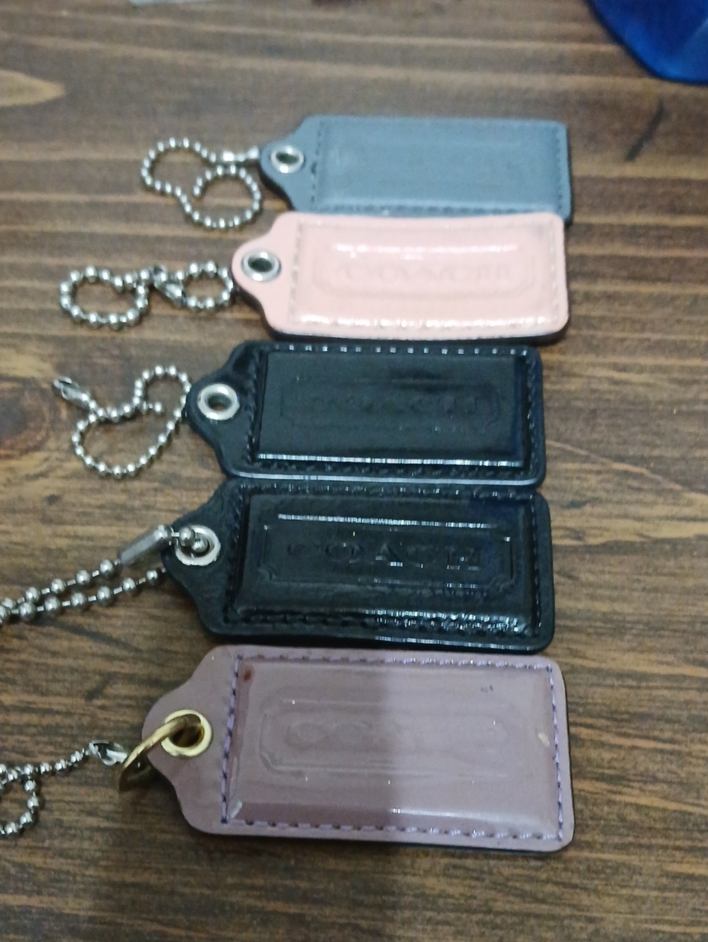 Coach Glossy Leather Key Tag Set in Pink, Black, Gray and Mauve
